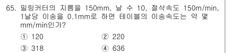 정밀측정산업기사 2017년 65번 - 밀링 커터의 지름이 150mm이고 절삭속도가 150mm/min인 경우, ... 에 관한 핵심 기출문제