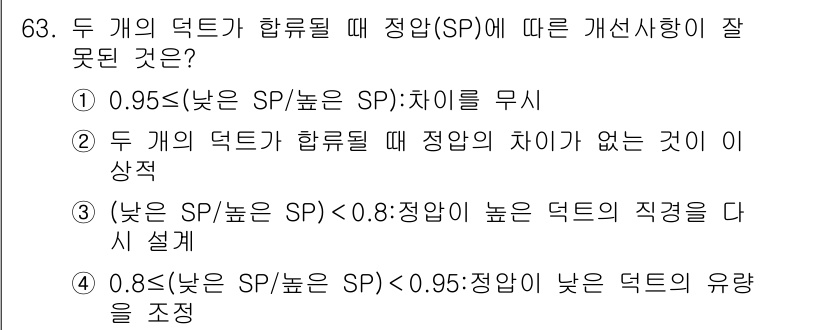 산업위생관리산업기사 2018년 63번 - 정답 4번이 선택된 이유는, 두 개의 덕트가 합류할 때 정압(SP) 감소... 에 관한 핵심 기출문제