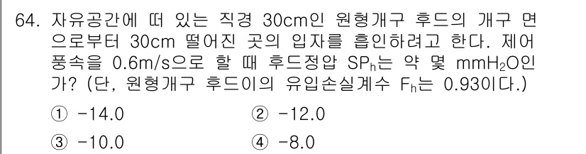 산업위생관리산업기사 2018년 64번 - 위 문제에서 제풍속 0.6 m/s와 원형 개구 면적을 고려하여 흐름의 동... 에 관한 핵심 기출문제