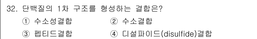 조리산업기사(공통) 2019년 32번 - 단백질의 1차 구조는 아미노산이 펩타이드 결합으로 연결된 선형 사슬로 구... 에 관한 핵심 기출문제