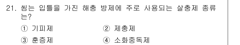 산림기사 2019년 21번 - 써니 입틀을 가진 해충 방제에는 제충제가 가장 효과적입니다. 이들은 특정... 에 관한 핵심 기출문제