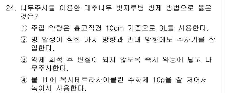산림기사 2019년 24번 - 정답 5번을 선택한 이유는, 대추나무의 빗자루병 방제 시 주약량이 높아야... 에 관한 핵심 기출문제