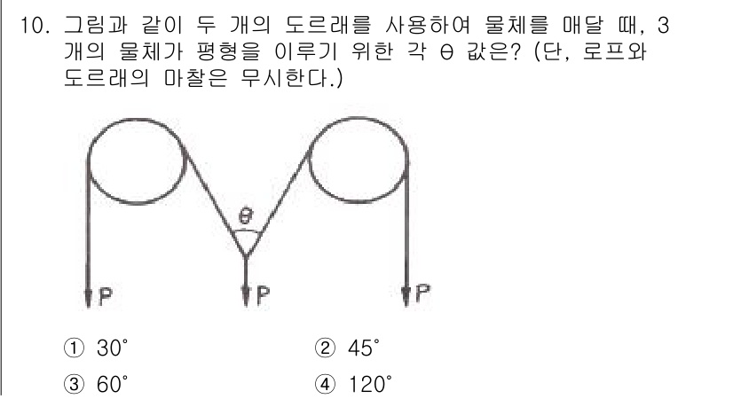 토목기사 2019년 10번 - 두 개의 도르래를 사용하여 물체를 매달 때, 각 θ가 물체의 평형을 이루... 에 관한 핵심 기출문제