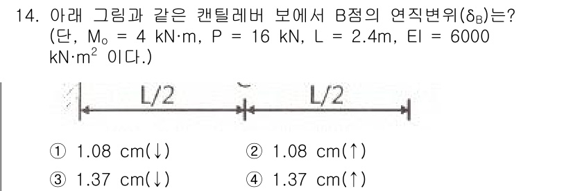 토목기사 2019년 14번 - 주어진 조건에서 B점의 연직변위는 하중과 지지조건에 따라 결정되며, 표준... 에 관한 핵심 기출문제