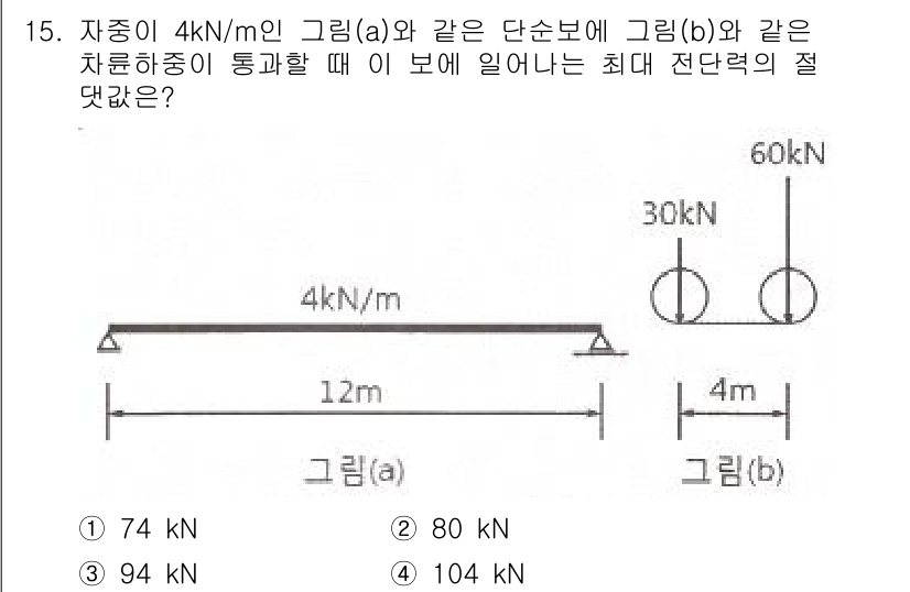 토목기사 2019년 15번 - 이 문제에서 주어진 하중을 이용해 보의 최대 전단력을 구합니다. 각 구간... 에 관한 핵심 기출문제