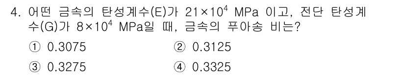토목기사 2019년 4번 - 정답은 ① 0.3075입니다. 

탄성계수(E)와 전단 탄성계수(G)를 ... 에 관한 핵심 기출문제