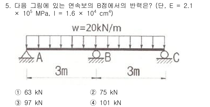 토목기사 2019년 5번 - 주어진 문제는 연속보에서 B점의 반력을 구하는 것입니다. 이 경우, 보의... 에 관한 핵심 기출문제