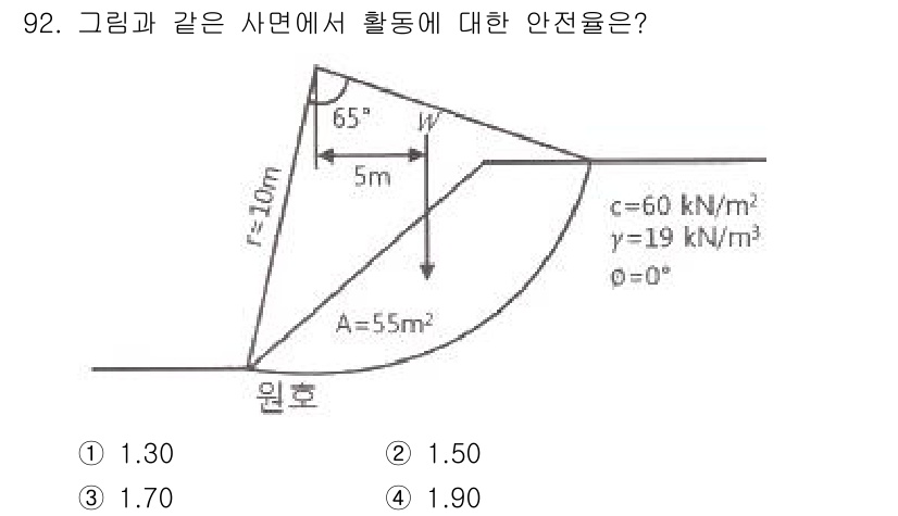 토목기사 2019년 93번 - 안전율을 구하기 위해, 기초 파괴를 고려해야 합니다. 주어진 조건에서 안... 에 관한 핵심 기출문제