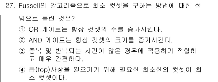 산업안전산업기사 2019년 27번 - "텀(넘버) 사상"은 안전을 위해 최소한의 컷셋을 생성하는 방법으로, 이... 에 관한 핵심 기출문제