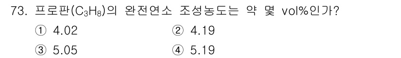 산업안전산업기사 2019년 73번 - 정답은 ① 4.02입니다. 프로판(C₃H₈)의 완전연소 조성능력은 약 4... 에 관한 핵심 기출문제