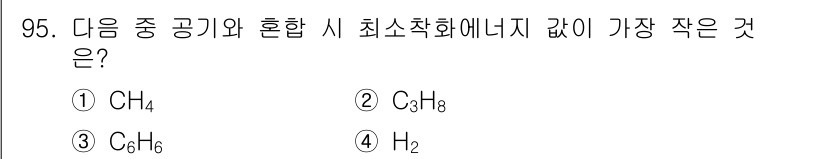 산업안전기사 2019년 95번 - 정답은 4번 H₂입니다. H₂는 분자량이 가장 작아 공기와 혼합 시 최소... 에 관한 핵심 기출문제