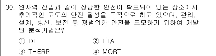 산업안전기사_필기 2019년 30번 - 정답은 5번, FTA(고장 트리 분석)입니다. FTA는 시스템의 고장 원... 에 관한 핵심 기출문제