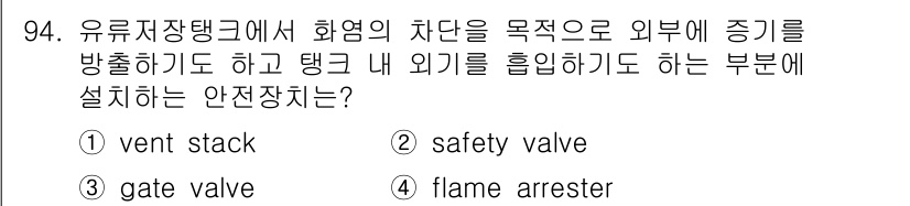 산업안전기사_필기 2019년 94번 - 정답은 4번, flame arrester입니다. 이는 화재 발생 시 불꽃... 에 관한 핵심 기출문제