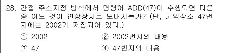 정보처리산업기사 2019년 28번 - . 

ADD(47) 연산은 특정 주소에 있는 데이터를 읽거나 쓰는 방식... 에 관한 핵심 기출문제