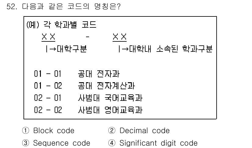 정보처리산업기사 2019년 52번 - 정답은 4번, Significant digit code입니다. 코드에서 ... 에 관한 핵심 기출문제