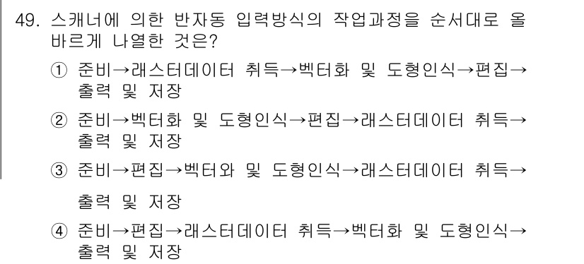 지적기사 2019년 49번 - 정답인 이유: 스캐너에 의한 반자동 입력 방식은 먼저 레스터 데이터로 취... 에 관한 핵심 기출문제