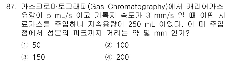 가스기사 2019년 88번 - 주어진 문제는 가스 크로마토그래피에서 유속과 기체의 체적을 바탕으로 피크... 에 관한 핵심 기출문제