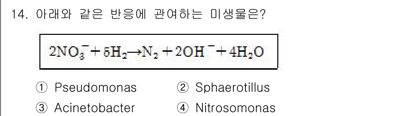 수질환경기사 2019년 14번 - . Pseudomonas

해설: 주어진 반응은 아질산염과 질소를 포함한... 에 관한 핵심 기출문제