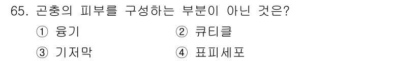 종자기사 2019년 65번 - 정답은 2. 큐타릴입니다. 큐타릴은 곤충 피부를 구성하는 주요 성분이 아... 에 관한 핵심 기출문제