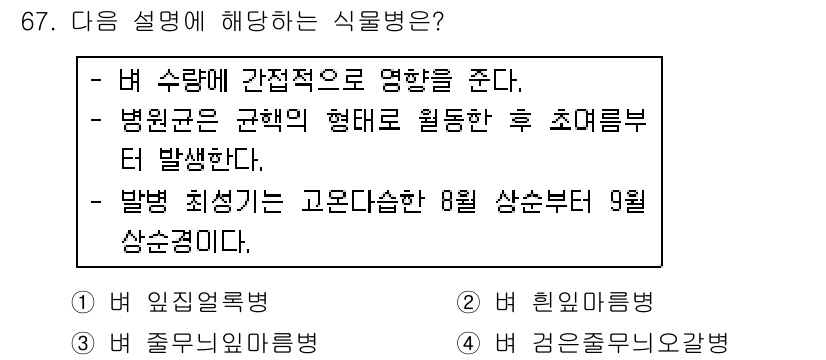 종자기사 2019년 67번 - 발병 최성기는 고온다습한 8월에서 9월 사이로, 이 시기에 병원균이 활발... 에 관한 핵심 기출문제