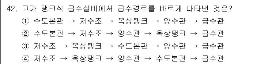 공조냉동기계산업기사 2019년 42번 - 4. 급수관의 흐름 경로에서, 보통 수조의 급수는 옥상탱크를 통해 이루어... 에 관한 핵심 기출문제