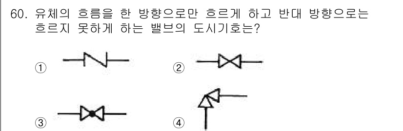 공조냉동기계산업기사 2019년 60번 - 이 도식은 유체의 흐름 방향을 제어하는 벨브로, 특정 방향으로만 흐름을 ... 에 관한 핵심 기출문제