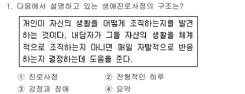 직업상담사_2급(구) 2019년 1번 - 생애진로상담의 구조는 개인이 자신의 삶을 어떻게 조작하고 조직하는지를 탐... 에 관한 핵심 기출문제