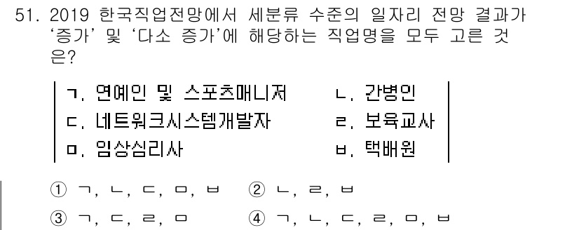 직업상담사_2급(구) 2019년 51번 - 이유는 ‘증가’ 및 ‘다소 증가’는 분야별 고용 변화와 관련이 있으며, ... 에 관한 핵심 기출문제
