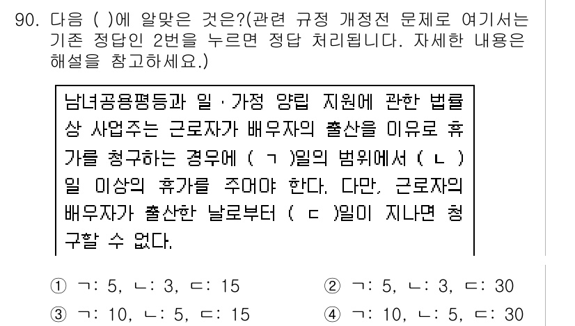 직업상담사_2급(구) 2019년 90번 - 해설: 남녀고용평등법에 따라 근로자는 배우자의 출산 시 휴가를 청구할 수... 에 관한 핵심 기출문제