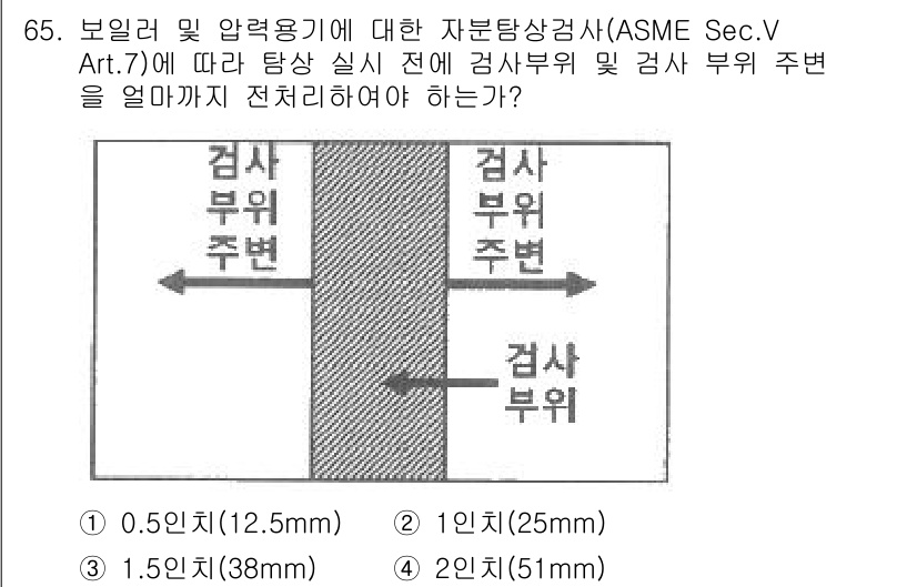 자기비파괴검사기사 2019년 65번 - . 

해설: ASME Sec.V Art.7에 따르면, 검사부위와 부위 ... 에 관한 핵심 기출문제