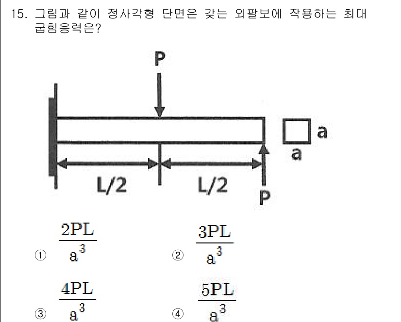 건설기계설비기사 2019년 16번 - 최대 굽힘 응력은 외부 하중에 따라 결정되며, 이 경우 벤치와 같은 구조... 에 관한 핵심 기출문제