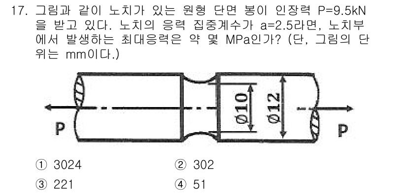 건설기계설비기사 2019년 18번 - 주어진 문제에서 노치가 있는 원형 단면의 봉에 작용하는 인장력을 고려해야... 에 관한 핵심 기출문제