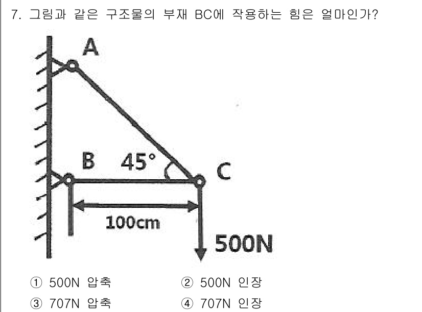 건설기계설비기사 2019년 8번 - 문제는 삼각형 ABC의 구조물에 작용하는 힘을 찾는 것입니다. 각 B가 ... 에 관한 핵심 기출문제