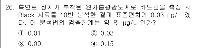산업위생관리산업기사 2019년 26번 - 정답이 3번인 이유는, 측정된 표준편차가 0.03 µg/L로 주어졌고, ... 에 관한 핵심 기출문제