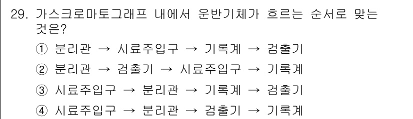 산업위생관리산업기사 2019년 29번 - 가스크로마토그래프의 운전 순서는 시료주입구에서 샘플을 주입하고, 이후 분... 에 관한 핵심 기출문제