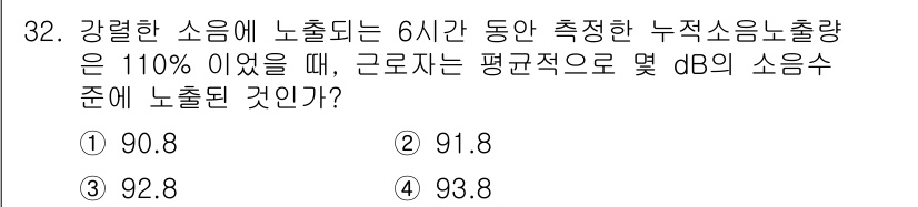 산업위생관리산업기사 2019년 32번 - 정답은 3번 (92.8 dB)입니다. 강력한 소음에 노출될 경우, 누적 ... 에 관한 핵심 기출문제