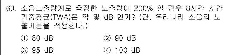 산업위생관리산업기사 2019년 60번 - 노출량이 200%인 경우, 이는 기준 노출량의 2배를 의미합니다. 이때,... 에 관한 핵심 기출문제