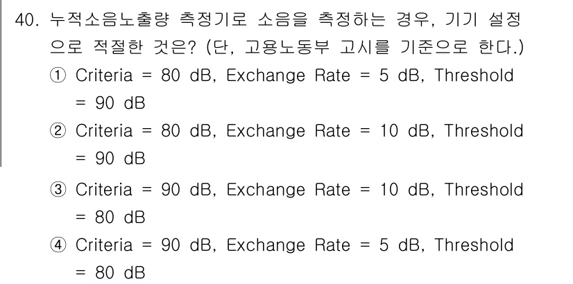 산업위생관리기사 2019년 41번 - 정답 2번은 기준이 80dB로 설정되어 있으며, 교환율이 10dB로 설정... 에 관한 핵심 기출문제