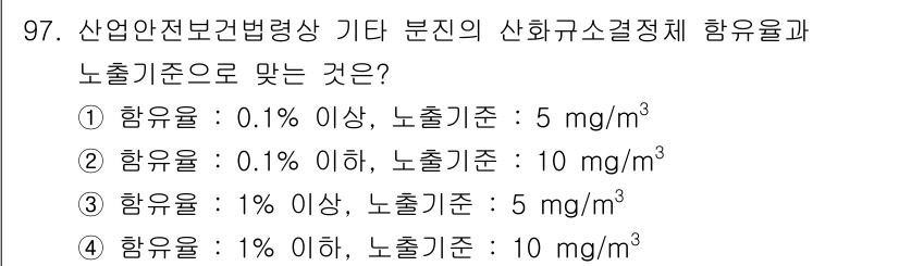산업위생관리기사 2019년 98번 - 산업안전보건법상 화학물질의 규제 기준에 따르면, 허용 농도와 폐기물 배출... 에 관한 핵심 기출문제