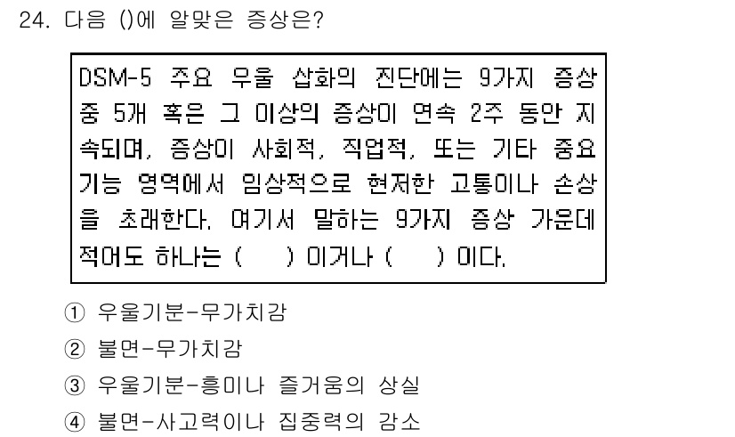 임상심리사_2급 2019년 24번 - 정답은 4번 '우울증-자아존중감의 감소'입니다. DSM-5에서 우울증의 ... 에 관한 핵심 기출문제