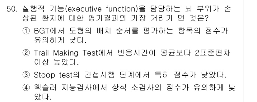 임상심리사_2급 2019년 50번 - 실행 기능(executive function)은 주의력, 문제 해결, 계... 에 관한 핵심 기출문제