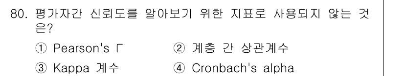 임상심리사_2급 2019년 80번 - . Cronbach's alpha는 신뢰도를 측정하는 지표로, 주로 내부... 에 관한 핵심 기출문제