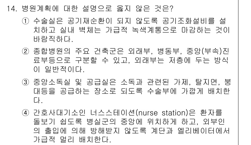 9급_국가직_공무원_건축계획 2015년 14번 - 병원계획에서 "간호소"는 환자의 방과 밀접하게 위치해야 하며, 외부에서 ... 에 관한 핵심 기출문제