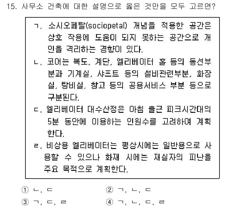 9급_국가직_공무원_건축계획 2019년 15번 - 정답 4번은 "비상용 엘리베이터는 평상용으로 일반 용도와 수명 등의 사양... 에 관한 핵심 기출문제
