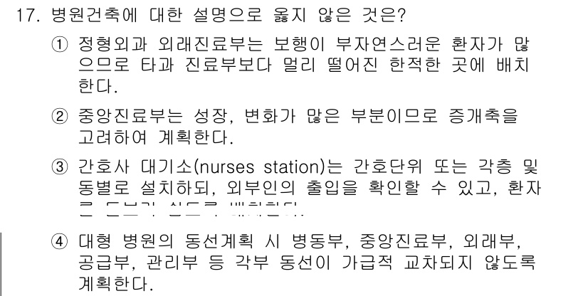 9급_국가직_공무원_건축계획 2019년 17번 - 간호사 대기실은 환자의 대기 및 처치 공간을 고려하여 설계해야 하는 필수... 에 관한 핵심 기출문제