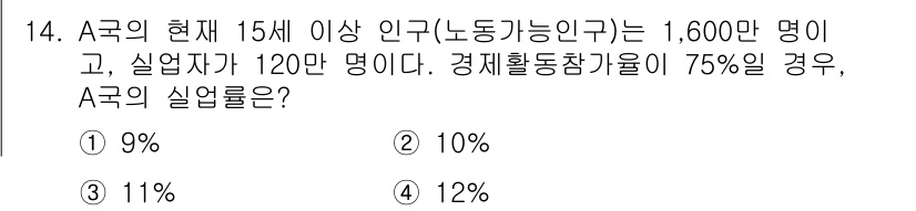 9급_국가직_공무원_경제학개론 2015년 14번 - A국의 경제활동참가율이 75%이므로 노동력은 12,000,000명입니다.... 에 관한 핵심 기출문제