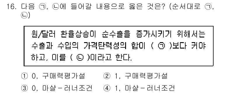 9급_국가직_공무원_경제학개론 2015년 16번 - 정답인 이유는 원/달러 환율상승이 순수출을 증가시키는 이유로, 수출과 수... 에 관한 핵심 기출문제