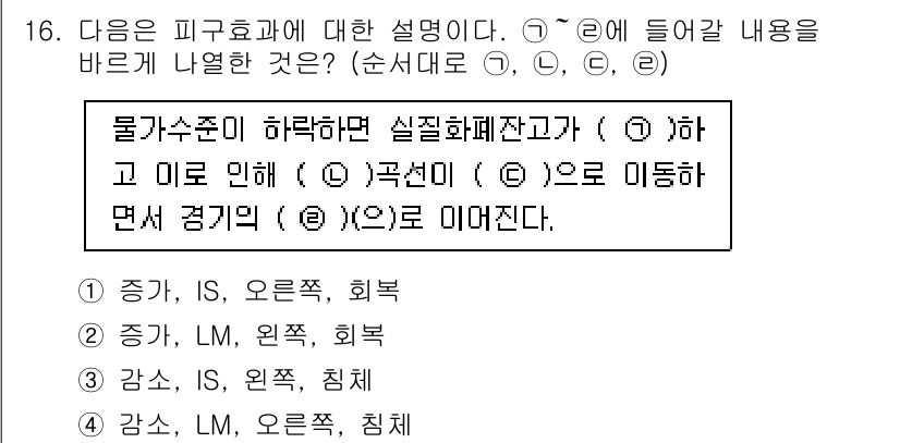 9급_국가직_공무원_경제학개론 2016년 16번 - 물가 수준이 하락하면 실질 화폐 잔고가 증가하고, 따라서 소비와 투자에 ... 에 관한 핵심 기출문제