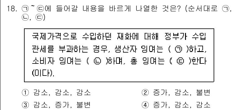 9급_국가직_공무원_경제학개론 2016년 18번 - 수입관세는 외국에서 들어오는 재화에 부과되어 국내 시장을 보호하고 가격을... 에 관한 핵심 기출문제