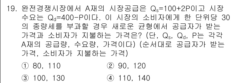 9급_국가직_공무원_경제학개론 2016년 19번 - 주어진 수요함수와 공급함수를 이용하여 균형 가격(Equilibrium P... 에 관한 핵심 기출문제